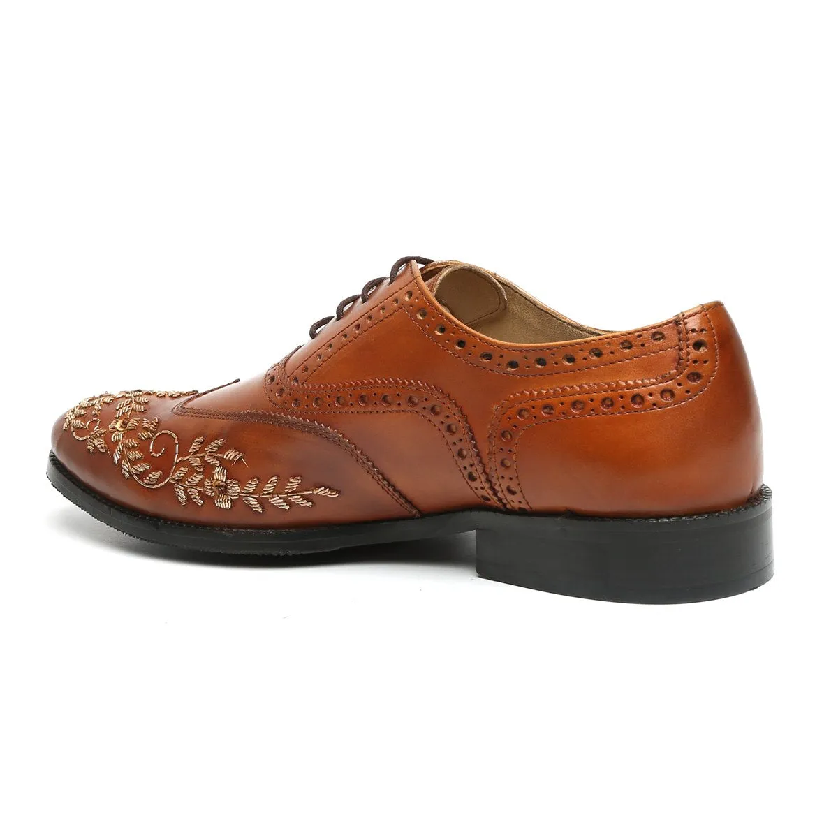 Zardosi Wingtip Oxford Lace-Up Formal Shoes in Tan genuine Leather by Brune & Bareskin