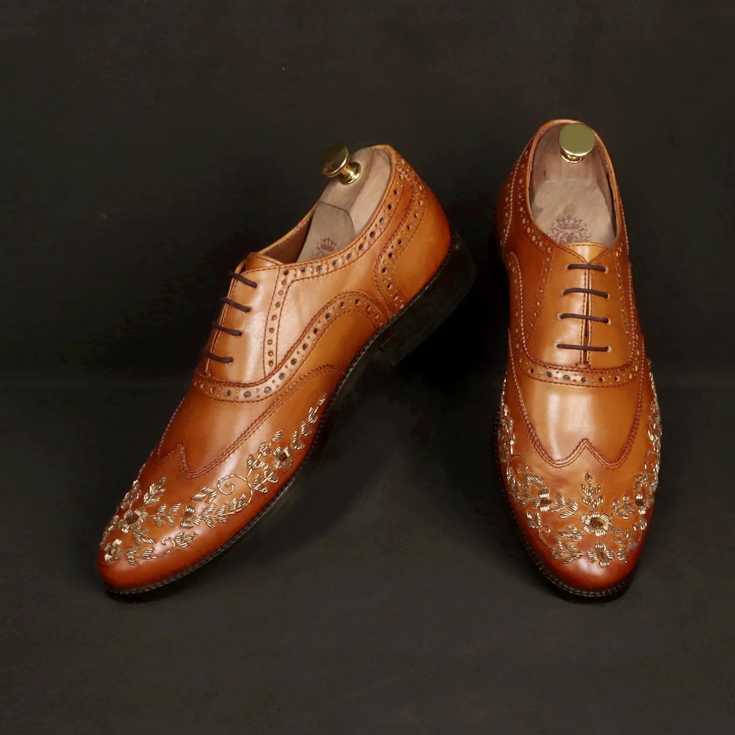 Zardosi Wingtip Oxford Lace-Up Formal Shoes in Tan genuine Leather by Brune & Bareskin